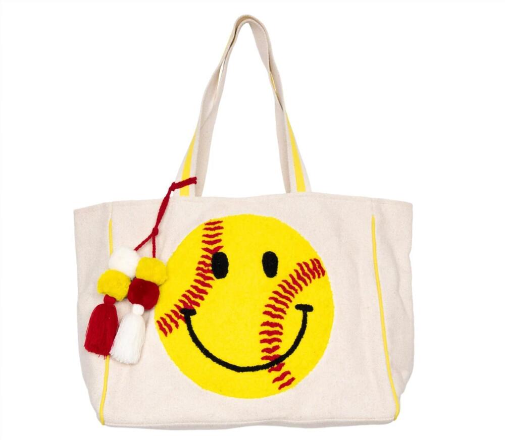 NEW KATYDID women's softball oversized happy face canvas tote bag in ecru/yellow